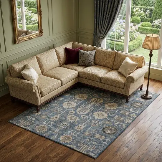 Navy Blue Beige And Charcoal Oriental Washable Area Rug With UV Protection Photo 1