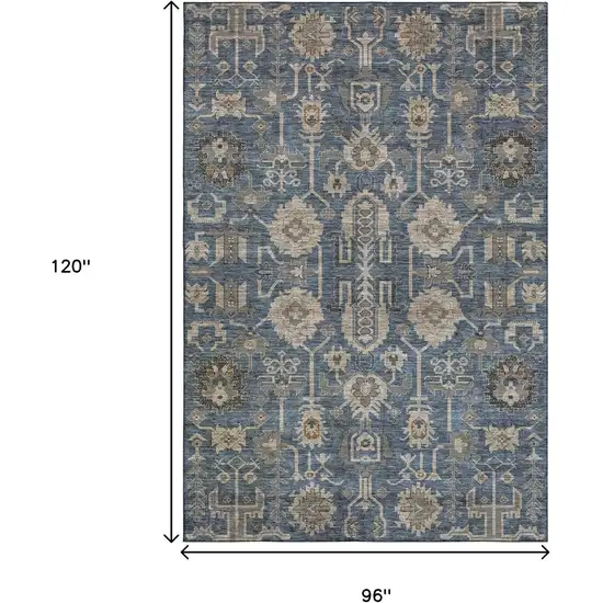 Navy Blue Beige And Charcoal Oriental Washable Area Rug With UV Protection Photo 3