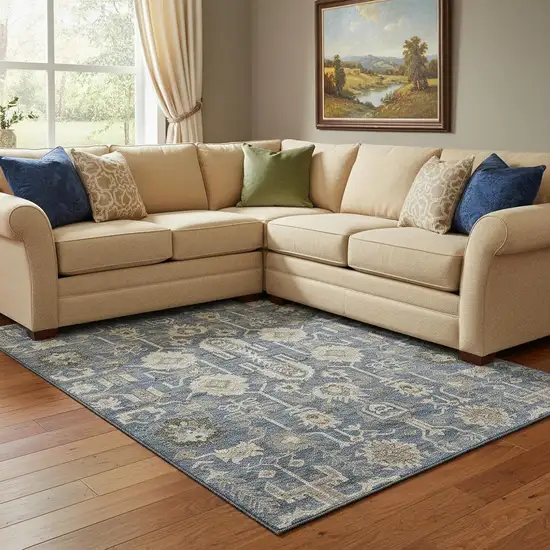 Navy Blue Beige And Charcoal Oriental Washable Area Rug With UV Protection Photo 1