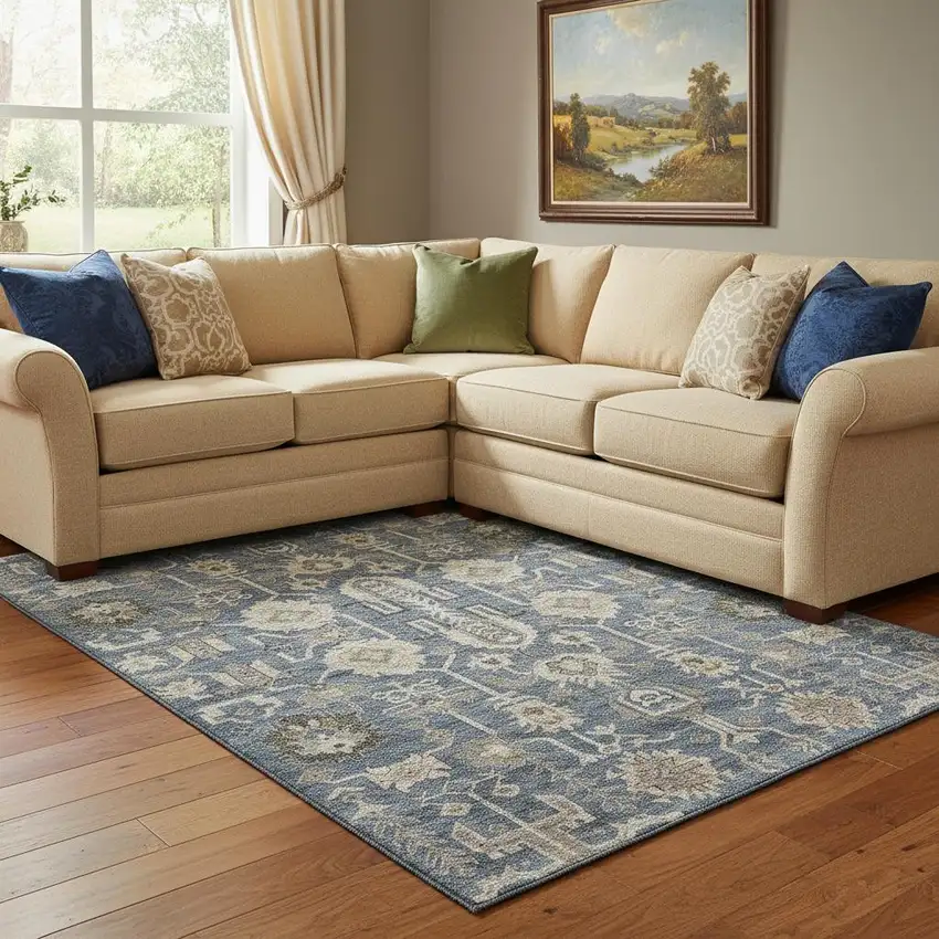 Navy Blue Beige And Charcoal Oriental Washable Area Rug With UV Protection Photo 1