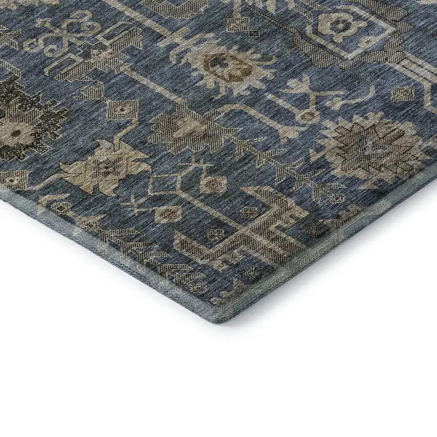 Navy Blue Beige And Charcoal Oriental Washable Area Rug With UV Protection Photo 9
