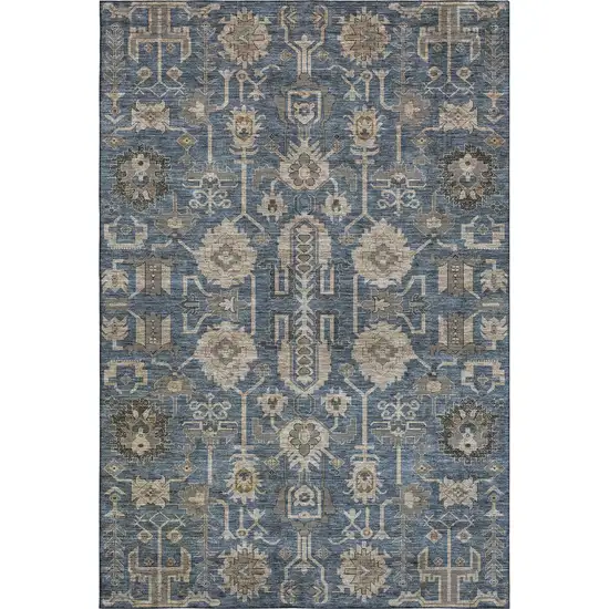 Navy Blue Beige And Charcoal Oriental Washable Area Rug With UV Protection Photo 2
