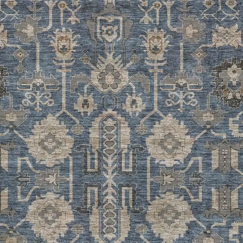 Navy Blue Beige And Charcoal Oriental Washable Area Rug With UV Protection Photo 4