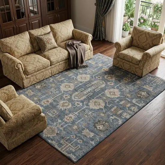 Navy Blue Beige And Charcoal Oriental Washable Area Rug With UV Protection Photo 1