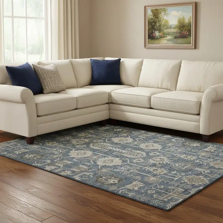 Navy Blue Beige And Charcoal Oriental Washable Area Rug With UV Protection Photo 1