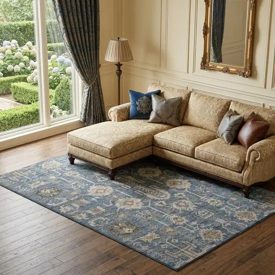 Navy Blue Beige And Charcoal Oriental Washable Area Rug With UV Protection Photo 1