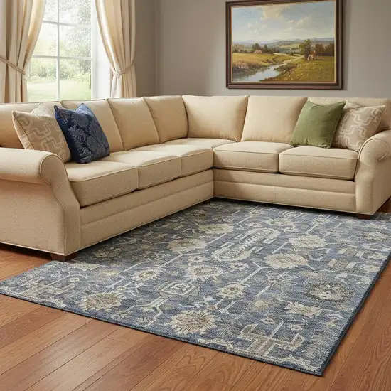 Navy Blue Beige And Charcoal Oriental Washable Area Rug With UV Protection Photo 1