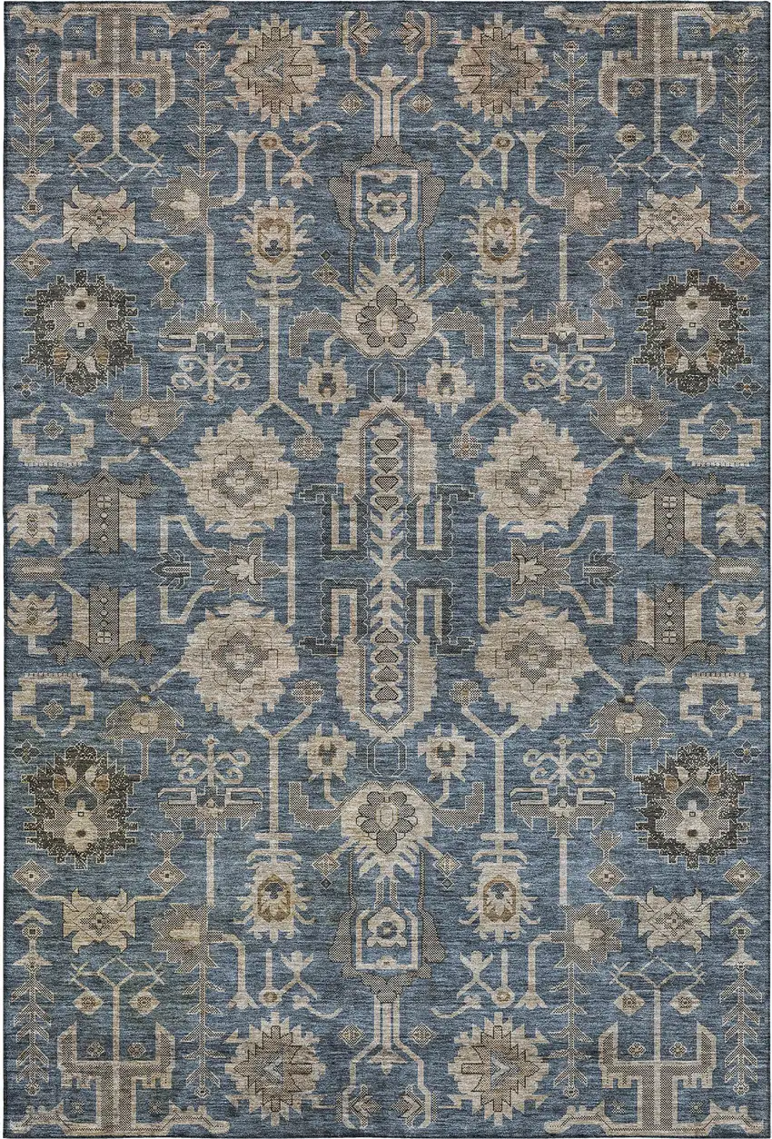 Navy Blue Beige And Charcoal Oriental Washable Area Rug With UV Protection Photo 2