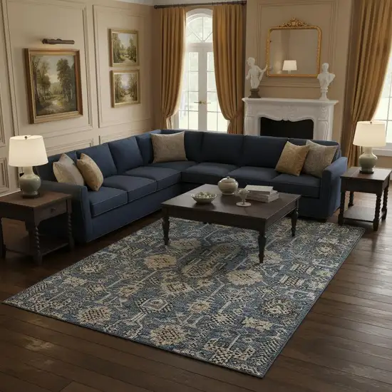 Navy Blue Beige And Charcoal Oriental Washable Area Rug With UV Protection Photo 1