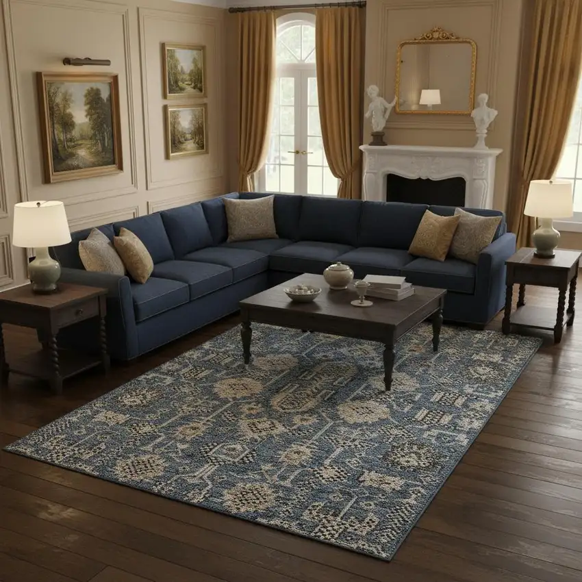 Navy Blue Beige And Charcoal Oriental Washable Area Rug With UV Protection Photo 1