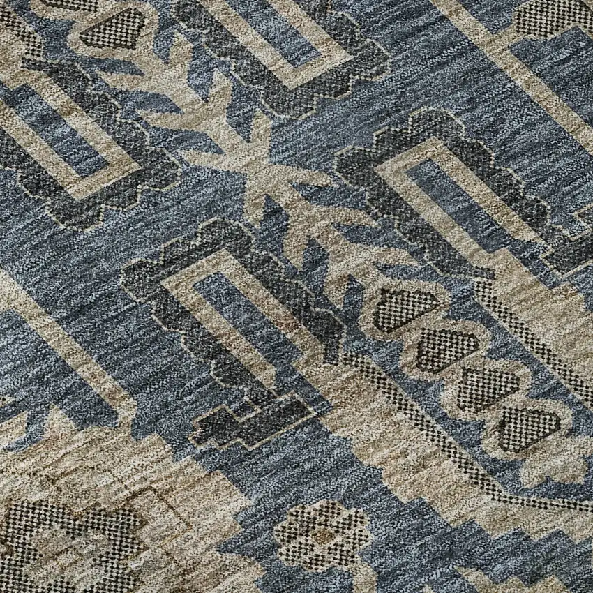 Navy Blue Beige And Charcoal Oriental Washable Area Rug With UV Protection Photo 9