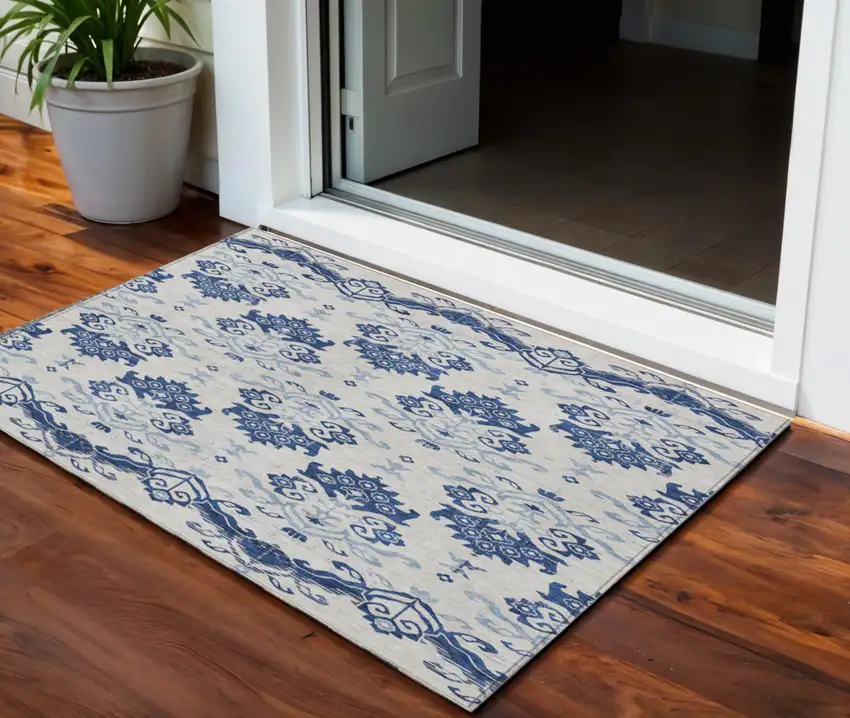 Navy Blue Beige And Denim Blue Oriental Washable Indoor Outdoor Area Rug Photo 1