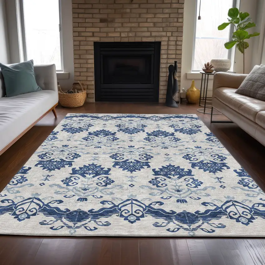 Navy Blue Beige And Denim Blue Oriental Washable Indoor Outdoor Area Rug Photo 6