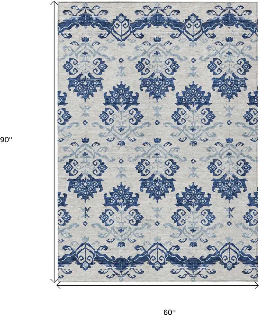 Navy Blue Beige And Denim Blue Oriental Washable Indoor Outdoor Area Rug Photo 9