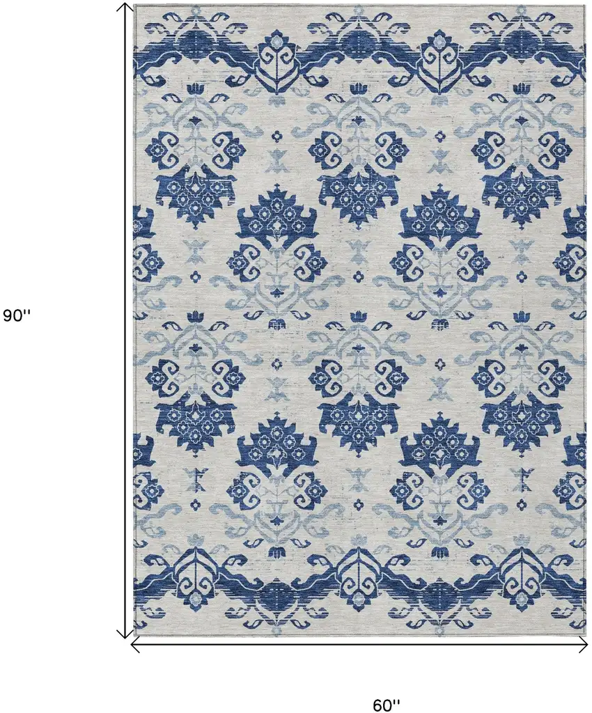 Navy Blue Beige And Denim Blue Oriental Washable Indoor Outdoor Area Rug Photo 9