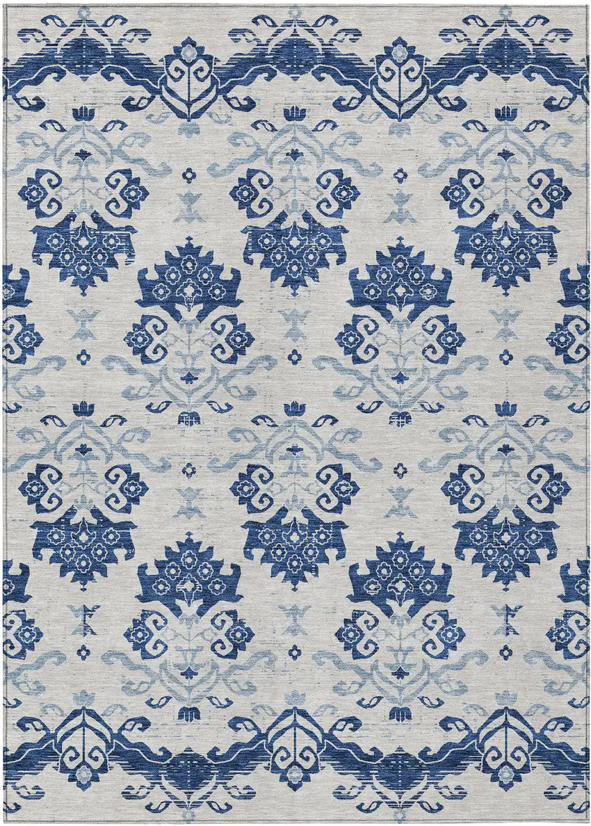 Navy Blue Beige And Denim Blue Oriental Washable Indoor Outdoor Area Rug Photo 1