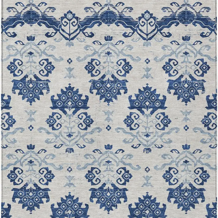 Navy Blue Beige And Denim Blue Oriental Washable Indoor Outdoor Area Rug Photo 3