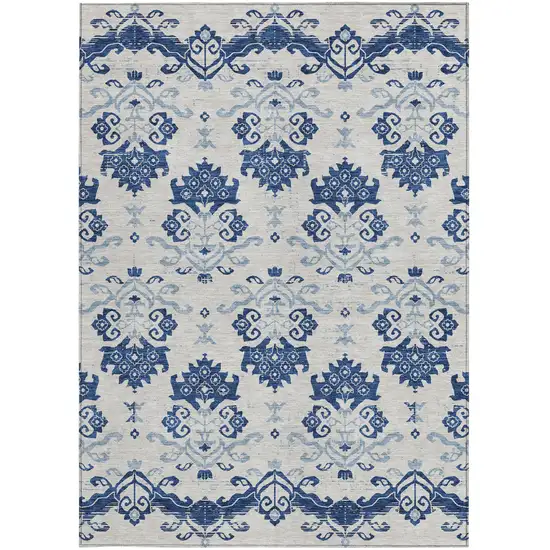 Navy Blue Beige And Denim Blue Oriental Washable Indoor Outdoor Area Rug Photo 4
