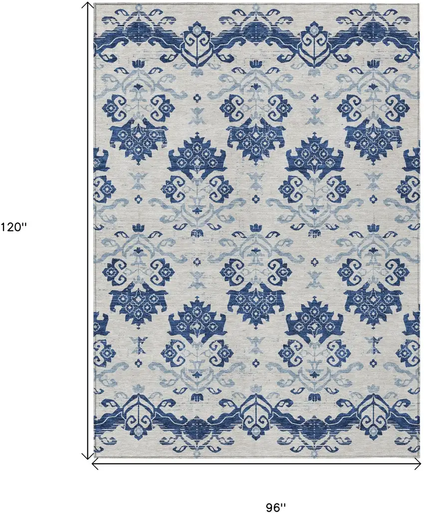 Navy Blue Beige And Denim Blue Oriental Washable Indoor Outdoor Area Rug Photo 9