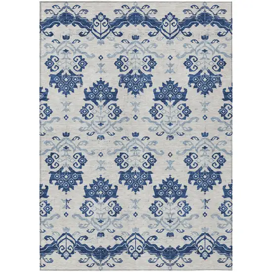 Navy Blue Beige And Denim Blue Oriental Washable Indoor Outdoor Area Rug Photo 1