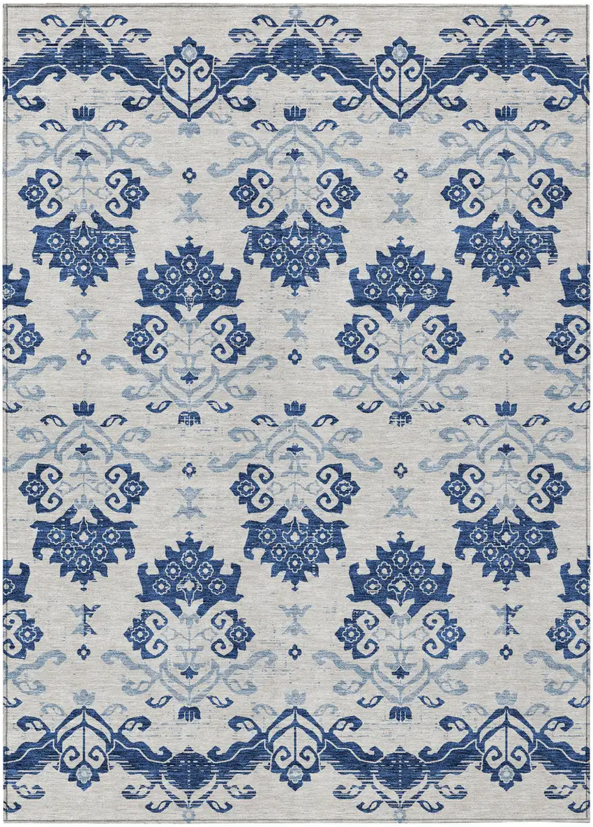 Navy Blue Beige And Denim Blue Oriental Washable Indoor Outdoor Area Rug Photo 1