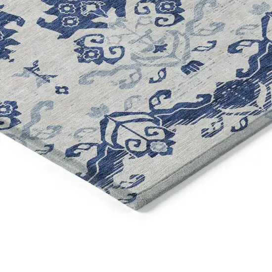 Navy Blue Beige And Denim Blue Oriental Washable Indoor Outdoor Area Rug Photo 2