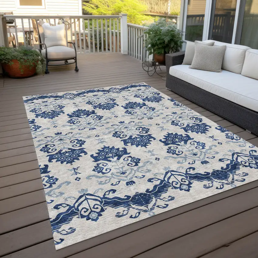 Navy Blue Beige And Denim Blue Oriental Washable Indoor Outdoor Area Rug Photo 8