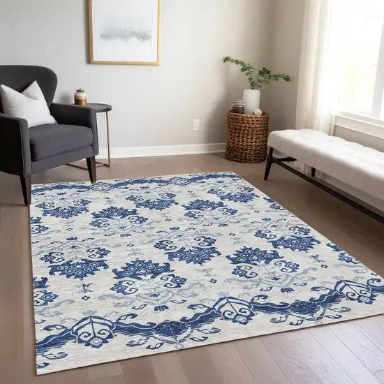 Navy Blue Beige And Denim Blue Oriental Washable Indoor Outdoor Area Rug Photo 7