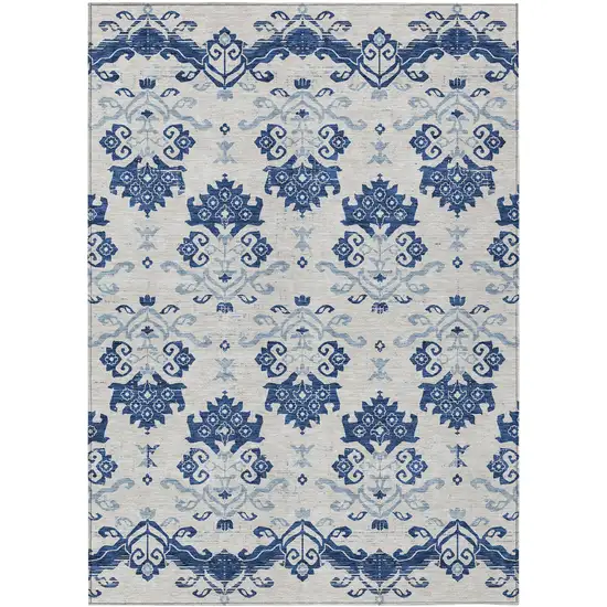 Navy Blue Beige And Denim Blue Oriental Washable Indoor Outdoor Area Rug Photo 1