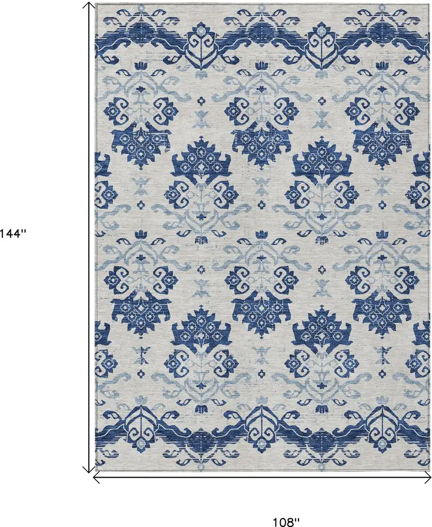 Navy Blue Beige And Denim Blue Oriental Washable Indoor Outdoor Area Rug Photo 9