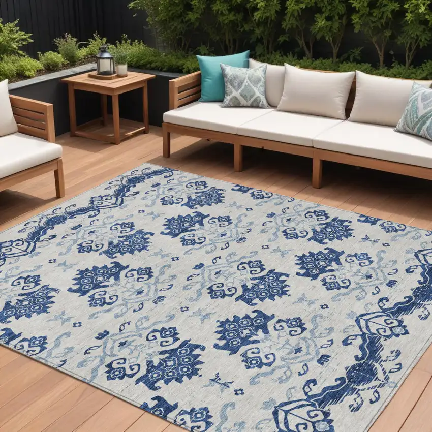 Navy Blue Beige And Denim Blue Oriental Washable Indoor Outdoor Area Rug Photo 1