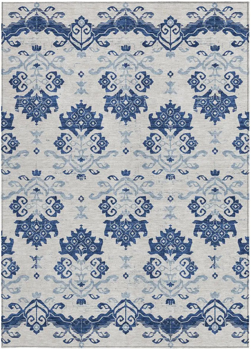Navy Blue Beige And Denim Blue Oriental Washable Indoor Outdoor Area Rug Photo 6
