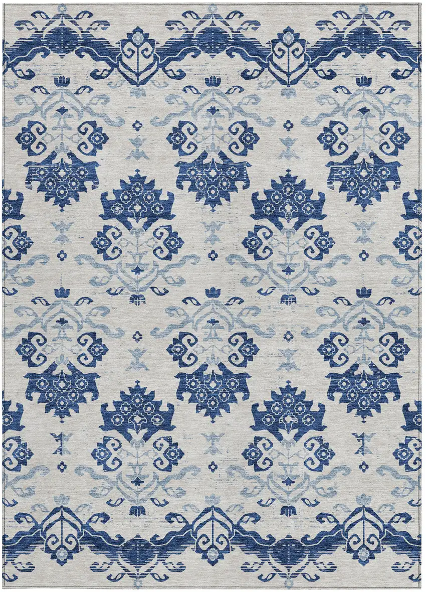 Navy Blue Beige And Denim Blue Oriental Washable Indoor Outdoor Area Rug Photo 6