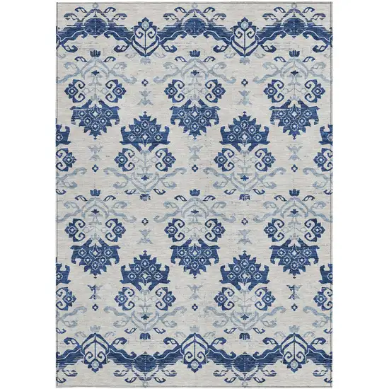 Navy Blue Beige And Denim Blue Oriental Washable Indoor Outdoor Area Rug Photo 6