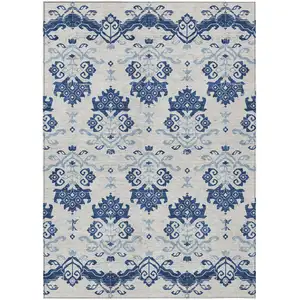 Photo of Navy Blue Beige And Denim Blue Oriental Washable Indoor Outdoor Area Rug