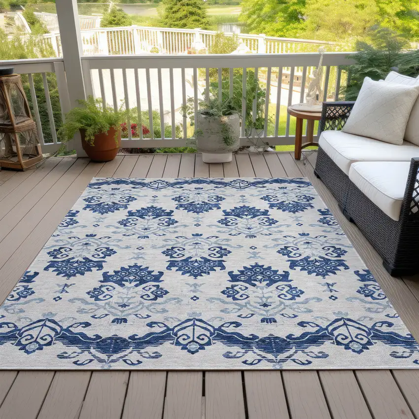 Navy Blue Beige And Denim Blue Oriental Washable Indoor Outdoor Area Rug Photo 5