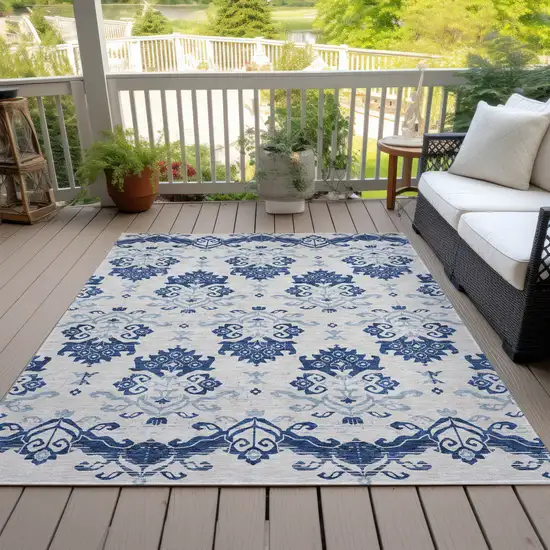 Navy Blue Beige And Denim Blue Oriental Washable Indoor Outdoor Area Rug Photo 5