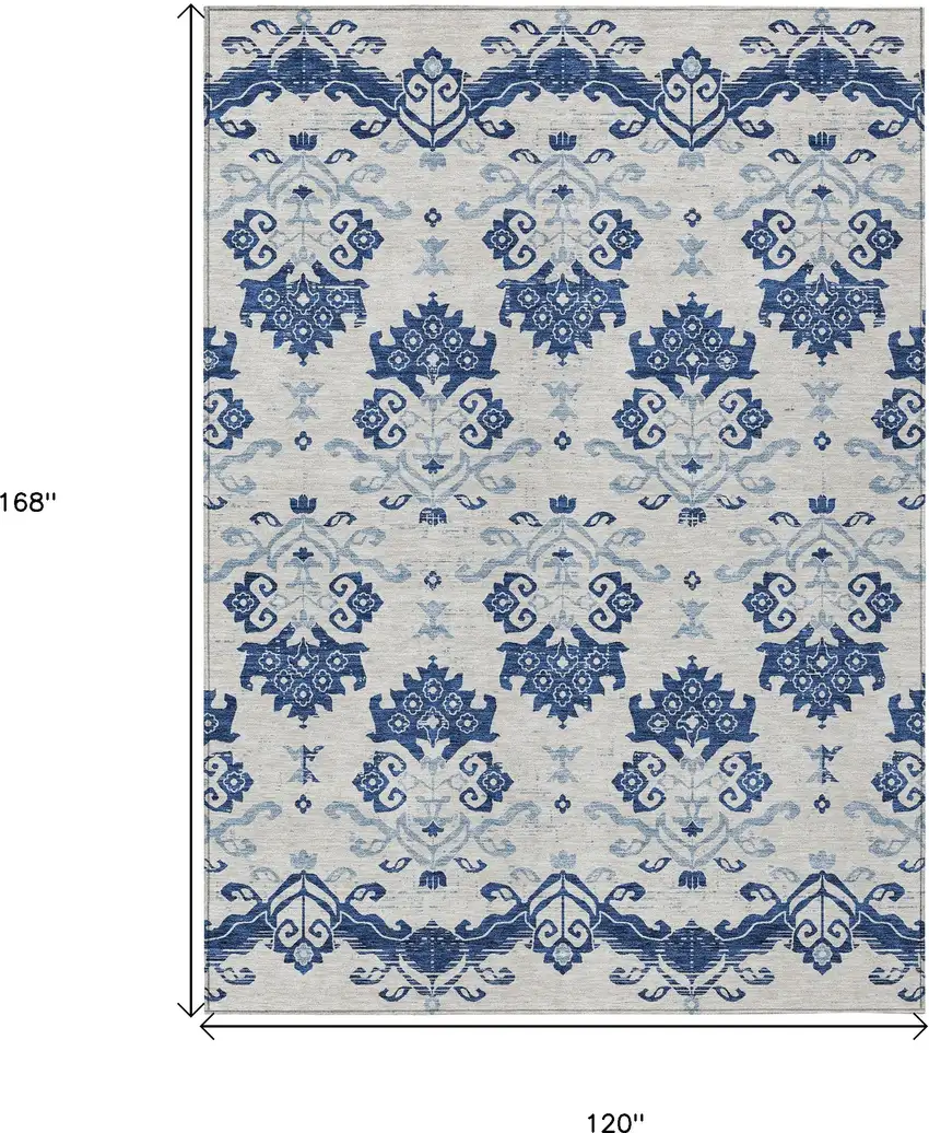 Navy Blue Beige And Denim Blue Oriental Washable Indoor Outdoor Area Rug Photo 9
