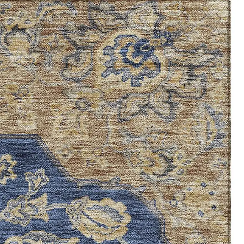 Navy Blue Beige And Gray Floral Medallion Washable Area Rug With UV Protection Photo 3