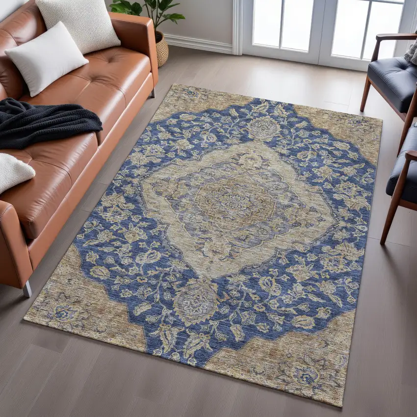 Navy Blue Beige And Gray Floral Medallion Washable Area Rug With UV Protection Photo 5
