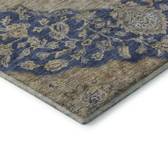 Navy Blue Beige And Gray Floral Medallion Washable Area Rug With UV Protection Photo 7