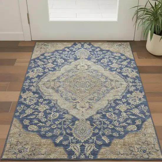 Navy Blue Beige And Gray Floral Medallion Washable Area Rug With UV Protection Photo 2