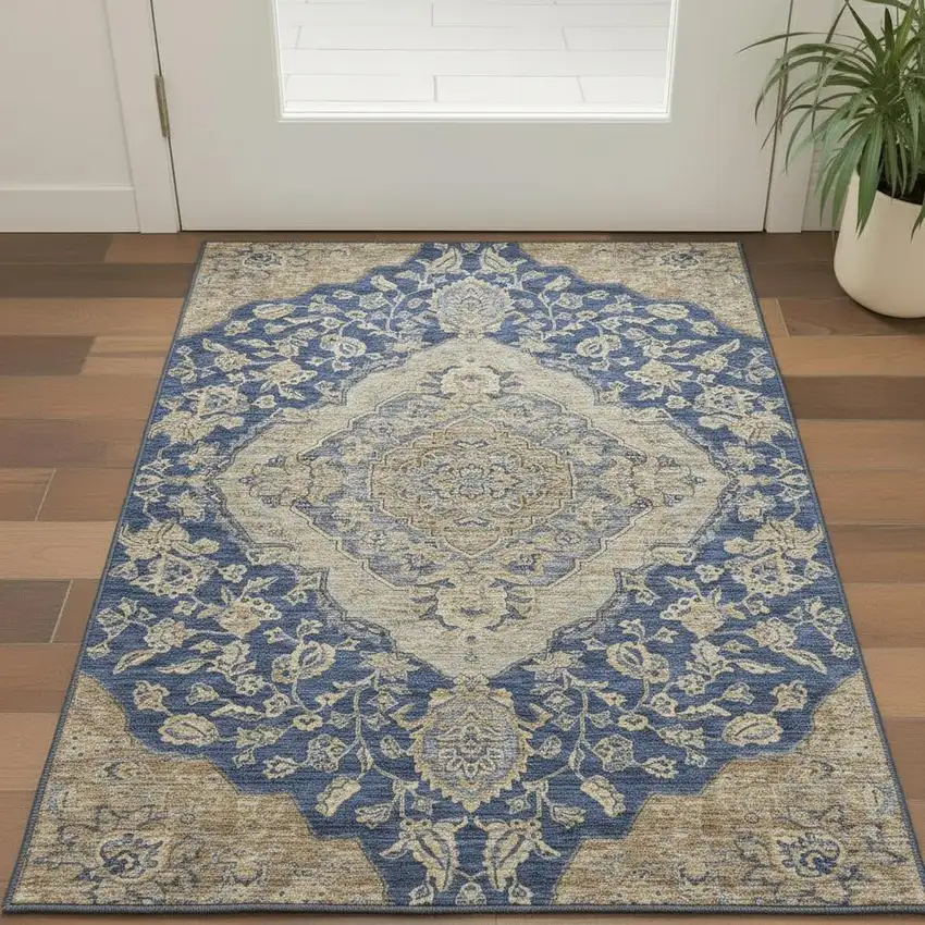 Navy Blue Beige And Gray Floral Medallion Washable Area Rug With UV Protection Photo 2