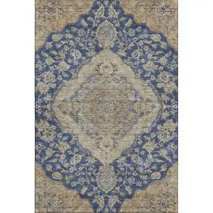 Photo of Navy Blue Beige And Gray Floral Medallion Washable Area Rug With UV Protection