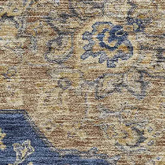 Navy Blue Beige And Gray Floral Medallion Washable Area Rug With UV Protection Photo 2