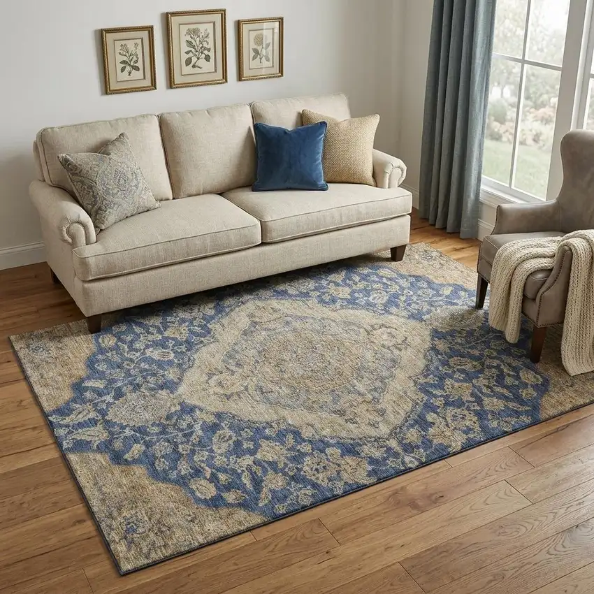 Navy Blue Beige And Gray Floral Medallion Washable Area Rug With UV Protection Photo 1