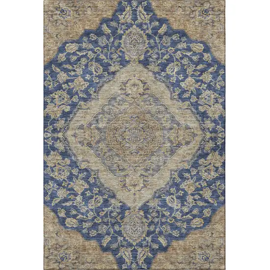 Navy Blue Beige And Gray Floral Medallion Washable Area Rug With UV Protection Photo 2