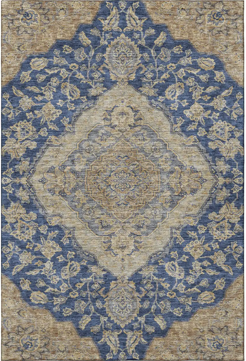 Navy Blue Beige And Gray Floral Medallion Washable Area Rug With UV Protection Photo 2