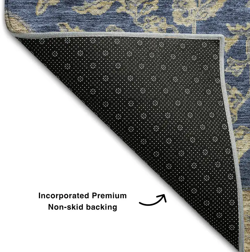 Navy Blue Beige And Gray Floral Medallion Washable Area Rug With UV Protection Photo 5