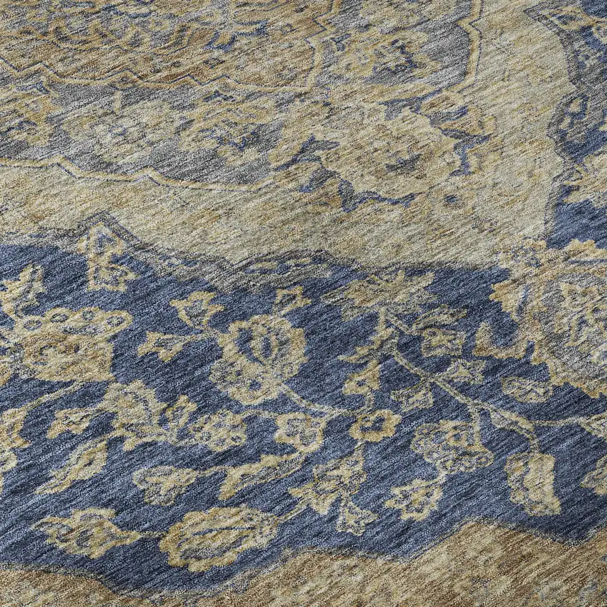 Navy Blue Beige And Gray Floral Medallion Washable Area Rug With UV Protection Photo 8